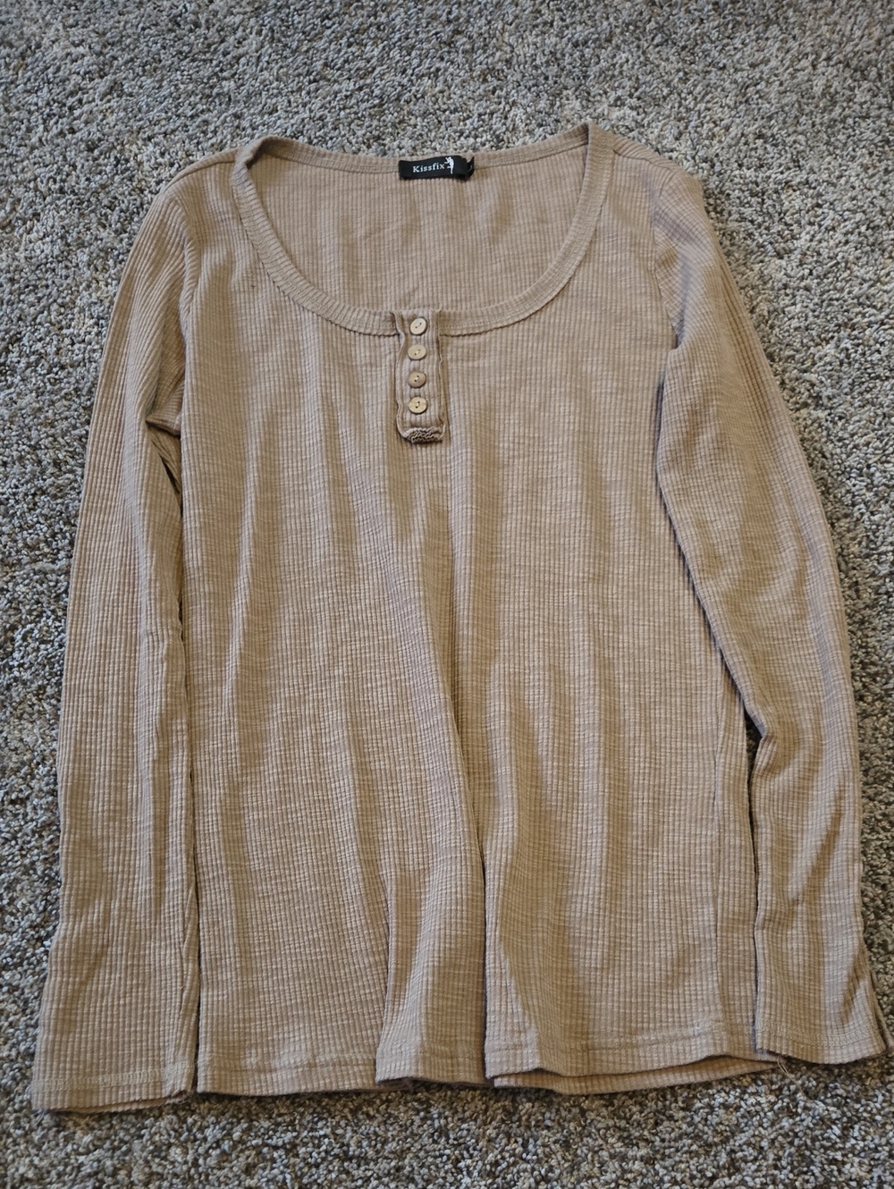 Ribbed Henley Long Sleeve Top in Tan